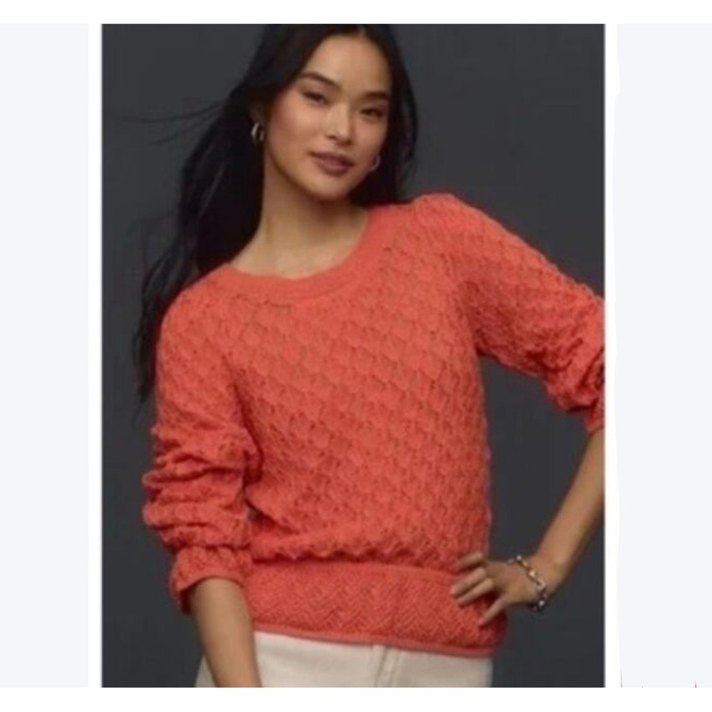 NEW Anthropologie XL Flounce-Hem Pointelle Coral Open Knit Sweater Preppy